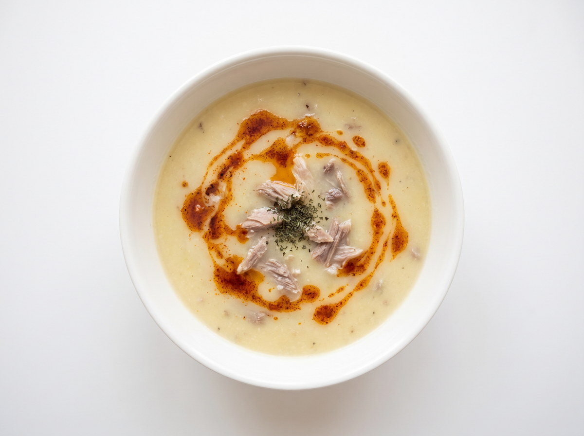 Düğün Çorbası — Wedding soup with lamb neck, yogurt and lemon, finished with pepper butter.